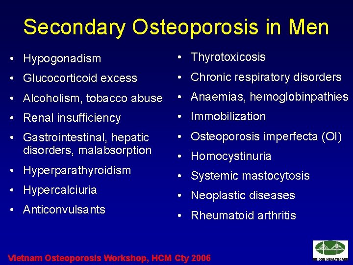 Secondary Osteoporosis in Men • Hypogonadism • Thyrotoxicosis • Glucocorticoid excess • Chronic respiratory