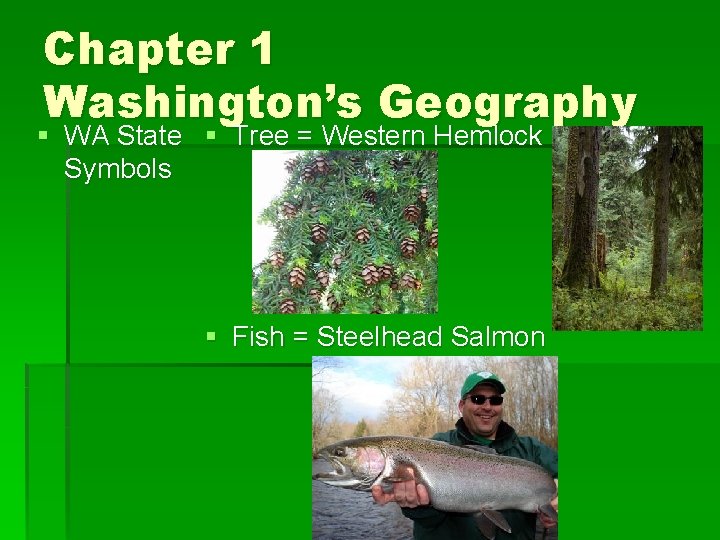 Chapter 1 Washington’s Geography § WA State § Tree = Western Hemlock Symbols §