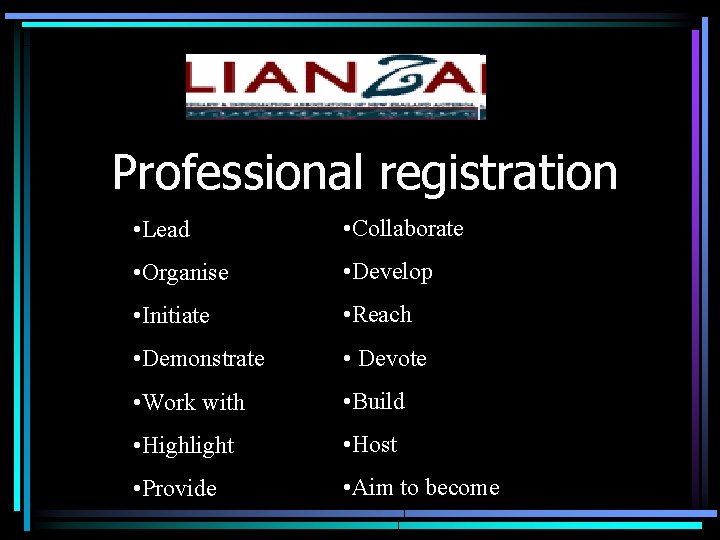 Professional registration • Lead • Collaborate • Organise • Develop • Initiate • Reach