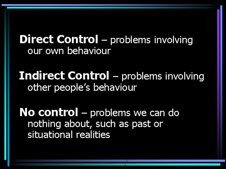 Direct Control – problems involving our own behaviour Indirect Control – problems involving other