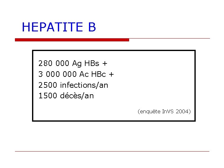 HEPATITE B 280 000 Ag HBs + 3 000 Ac HBc + 2500 infections/an