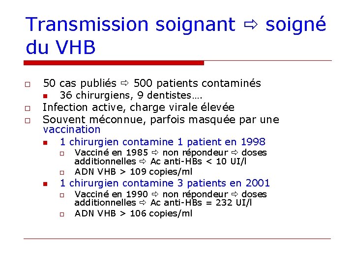 Transmission soignant soigné du VHB o o o 50 cas publiés 500 patients contaminés