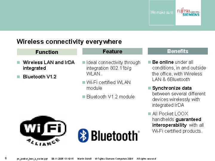 Wireless connectivity everywhere Function Feature Benefits Wireless LAN and Ir. DA integrated Ideal connectivity