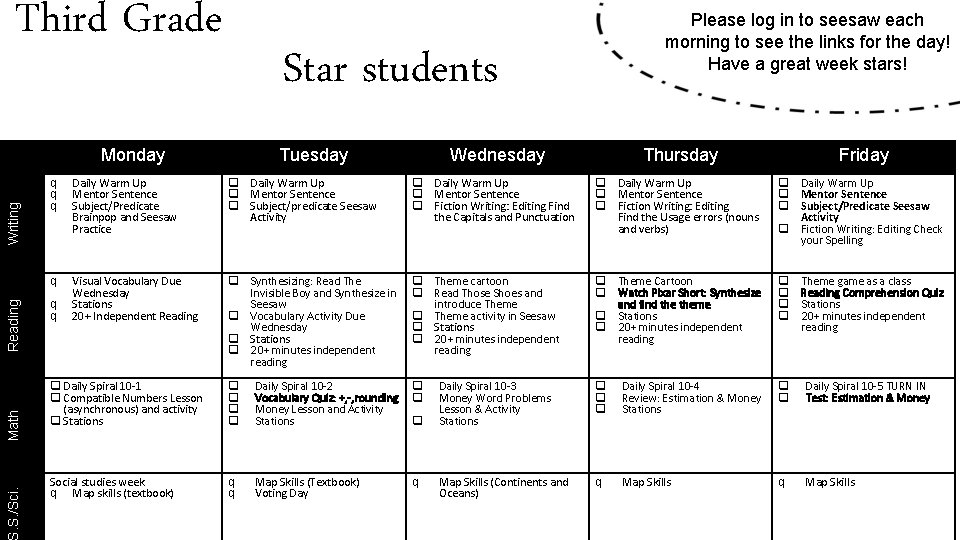 Third Grade Star students Math Reading Writing Monday