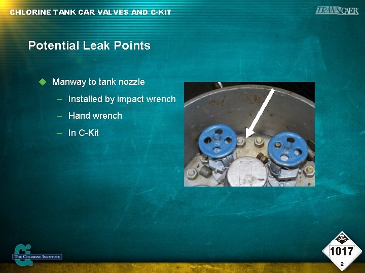 CHLORINE TANK CAR VALVES AND C-KIT Potential Leak Points Manway to tank nozzle –