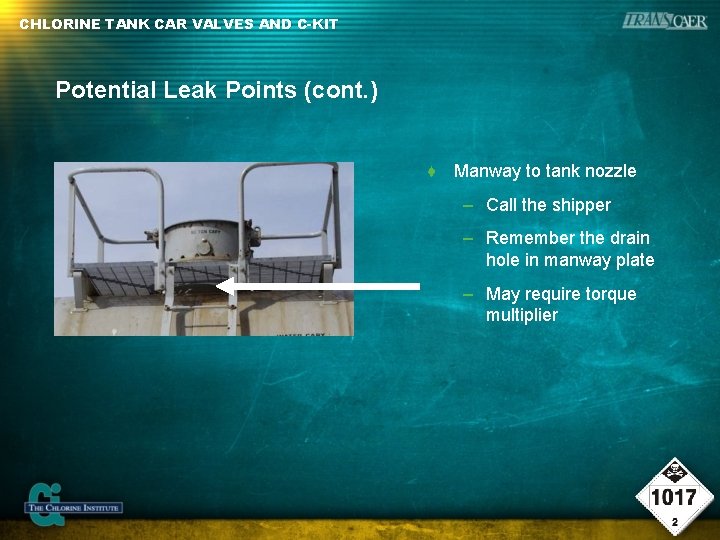 CHLORINE TANK CAR VALVES AND C-KIT Potential Leak Points (cont. ) ♦ Manway to