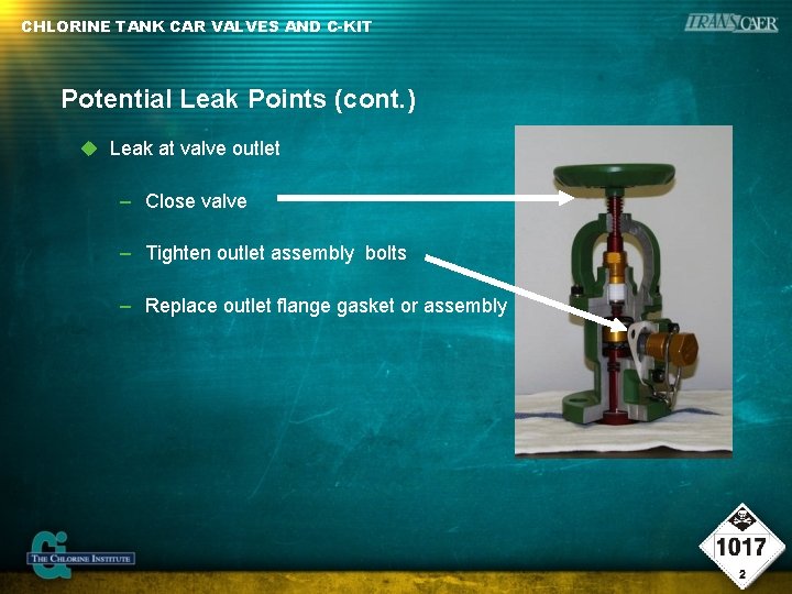 CHLORINE TANK CAR VALVES AND C-KIT Potential Leak Points (cont. ) Leak at valve CHLORINE TANK CAR VALVES AND C-KIT Potential Leak Points (cont. ) Leak at valve