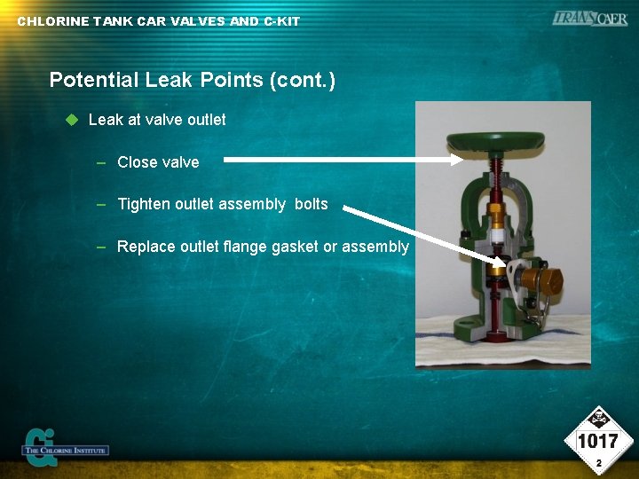 CHLORINE TANK CAR VALVES AND C-KIT Potential Leak Points (cont. ) Leak at valve