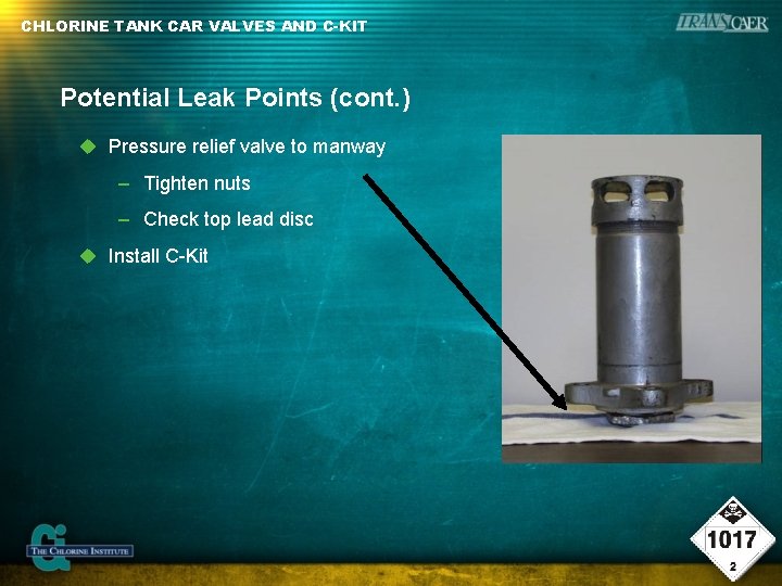 CHLORINE TANK CAR VALVES AND C-KIT Potential Leak Points (cont. ) Pressure relief valve CHLORINE TANK CAR VALVES AND C-KIT Potential Leak Points (cont. ) Pressure relief valve