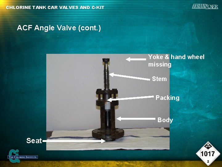 CHLORINE TANK CAR VALVES AND C-KIT ACF Angle Valve (cont. ) Yoke & hand