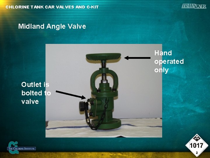 CHLORINE TANK CAR VALVES AND C-KIT Midland Angle Valve Hand operated only Outlet is