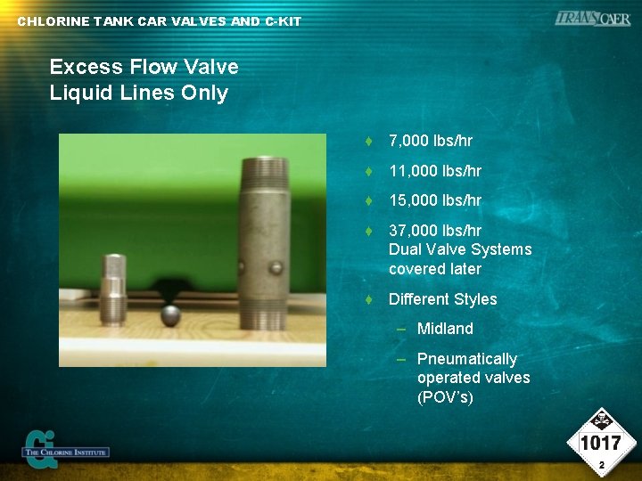 CHLORINE TANK CAR VALVES AND C-KIT Excess Flow Valve Liquid Lines Only ♦ 7,