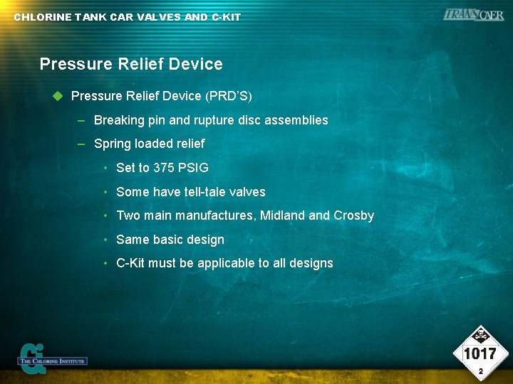 CHLORINE TANK CAR VALVES AND C-KIT Pressure Relief Device (PRD’S) – Breaking pin and CHLORINE TANK CAR VALVES AND C-KIT Pressure Relief Device (PRD’S) – Breaking pin and
