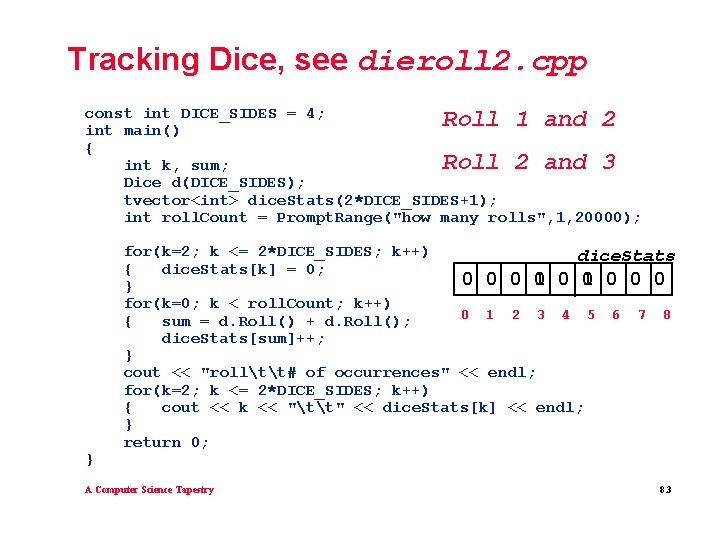 Tracking Dice, see dieroll 2. cpp const int DICE_SIDES = 4; Roll 1 and