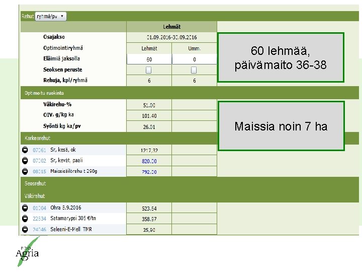 60 lehmää, päivämaito 36 -38 Maissia noin 7 ha Pro. Agria Keskusten ja Pro.