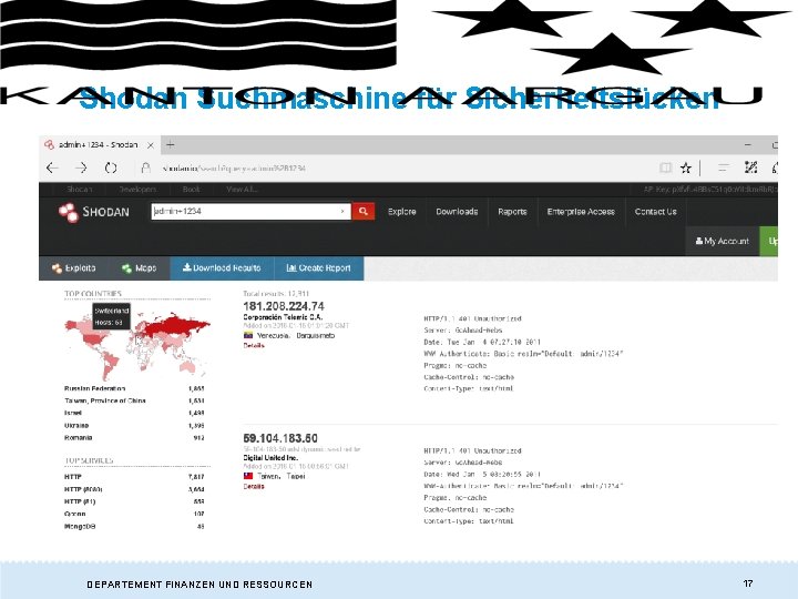 Shodan Suchmaschine für Sicherheitslücken DEPARTEMENT FINANZEN UND RESSOURCEN 17 Shodan Suchmaschine für Sicherheitslücken DEPARTEMENT FINANZEN UND RESSOURCEN 17