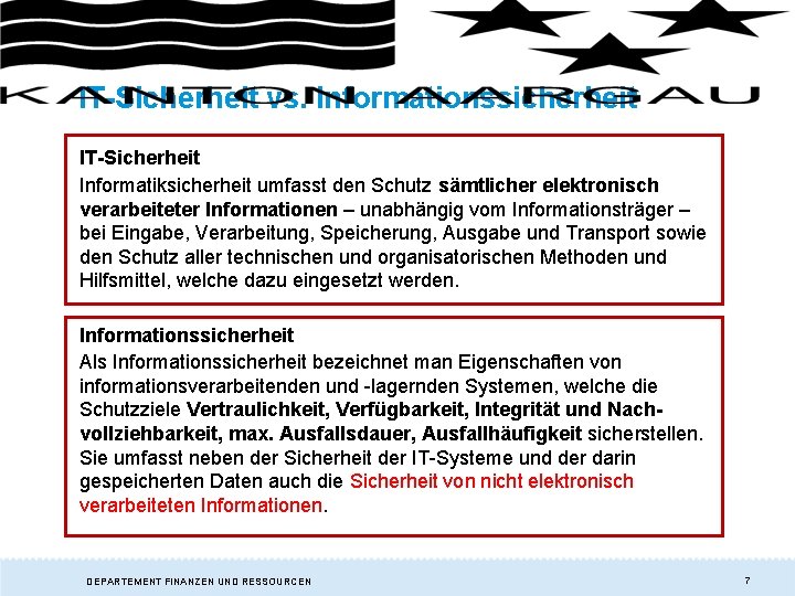 IT-Sicherheit vs. Informationssicherheit IT-Sicherheit Informatiksicherheit umfasst den Schutz sämtlicher elektronisch verarbeiteter Informationen – unabhängig IT-Sicherheit vs. Informationssicherheit IT-Sicherheit Informatiksicherheit umfasst den Schutz sämtlicher elektronisch verarbeiteter Informationen – unabhängig