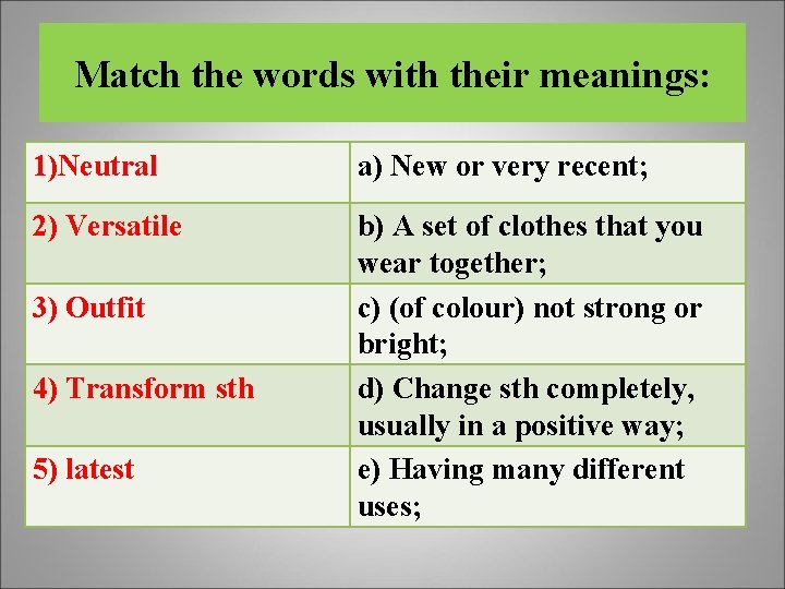 Match the words with their meanings: 1)Neutral a) New or very recent; 2) Versatile