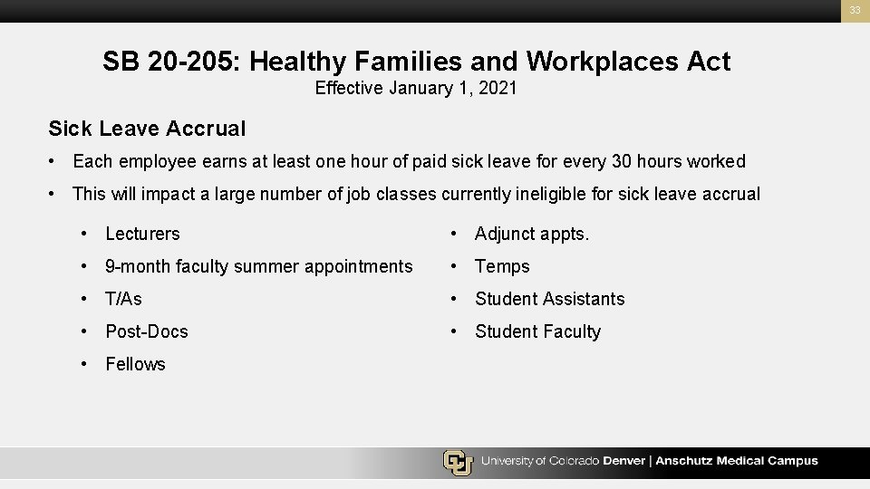 33 SB 20 -205: Healthy Families and Workplaces Act Effective January 1, 2021 Sick