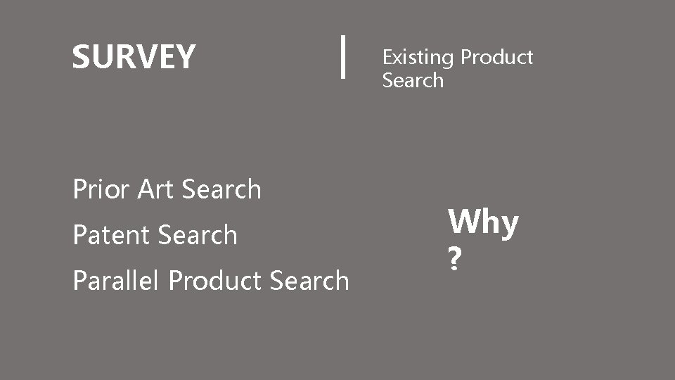 SURVEY Prior Art Search Patent Search Parallel Product Search Existing Product Search Why ?