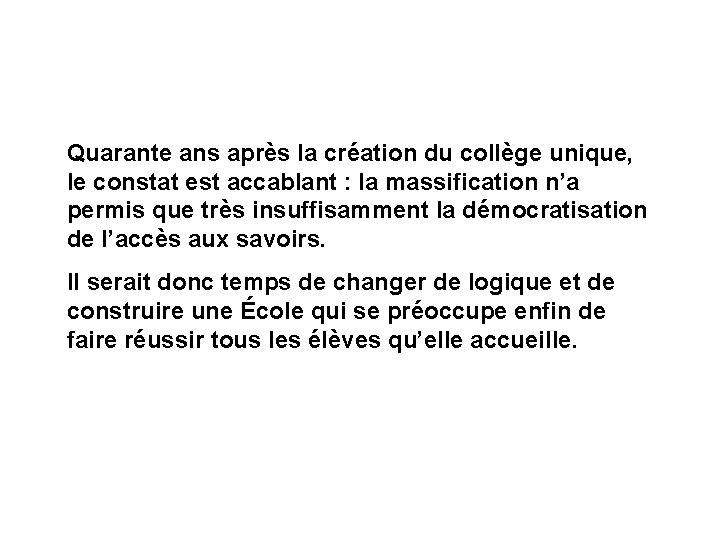 Quarante ans après la création du collège unique, le constat est accablant : la