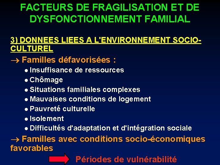 FACTEURS DE FRAGILISATION ET DE DYSFONCTIONNEMENT FAMILIAL 3) DONNEES LIEES A L'ENVIRONNEMENT SOCIOCULTUREL Familles