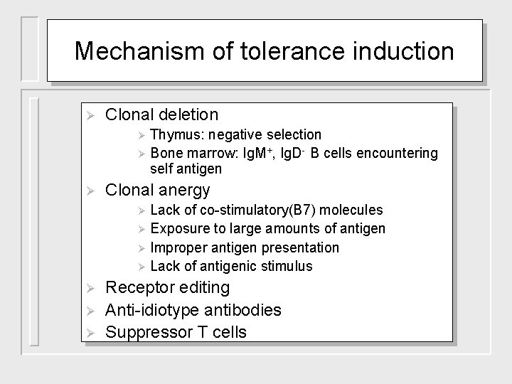 Mechanism of tolerance induction Ø Clonal deletion Thymus: negative selection Ø Bone marrow: Ig.