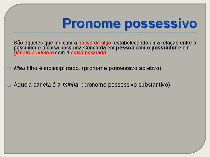 Pronome possessivo São aqueles que indicam a posse de algo, estabelecendo uma relação entre