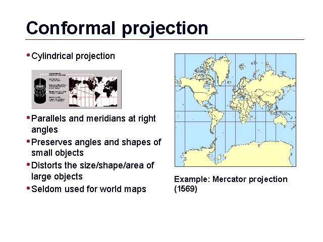 Conformal projection • Cylindrical projection • Parallels and meridians at right angles • Preserves