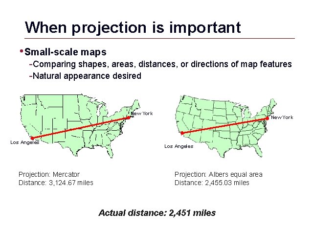 When projection is important • Small-scale maps -Comparing shapes, areas, distances, or directions of