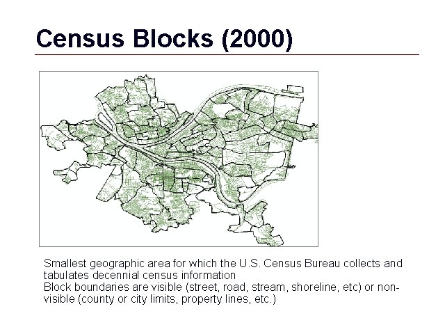 Census Blocks (2000) Smallest geographic area for which the U. S. Census Bureau collects