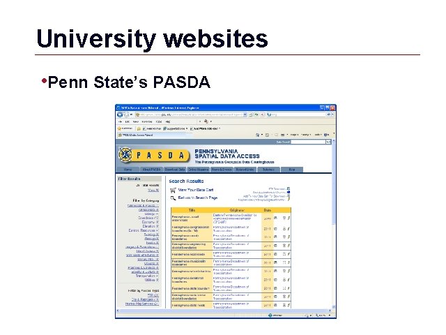 University websites • Penn State’s PASDA GIS 69 