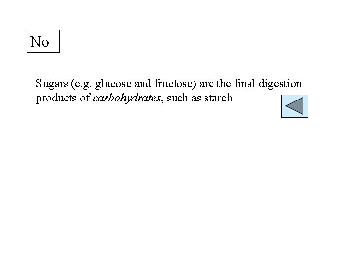 No Sugars (e. g. glucose and fructose) are the final digestion products of carbohydrates,