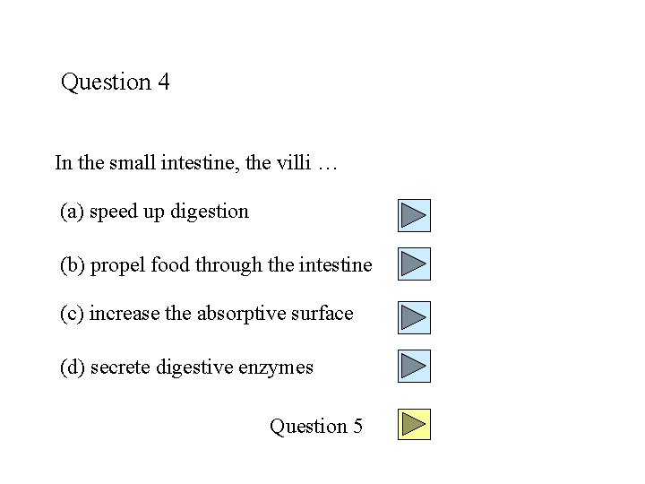 Question 4 In the small intestine, the villi … (a) speed up digestion (b)