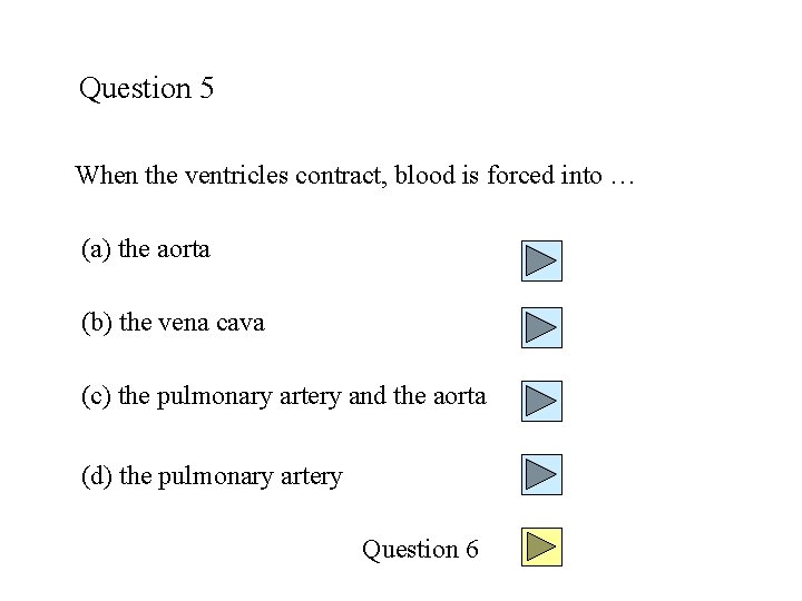 Question 5 When the ventricles contract, blood is forced into … (a) the aorta