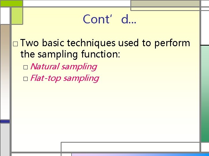 Cont’d. . . □ Two basic techniques used to perform the sampling function: □