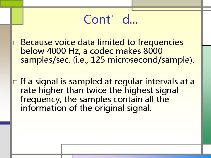 Cont’d. . . □ Because voice data limited to frequencies below 4000 Hz, a