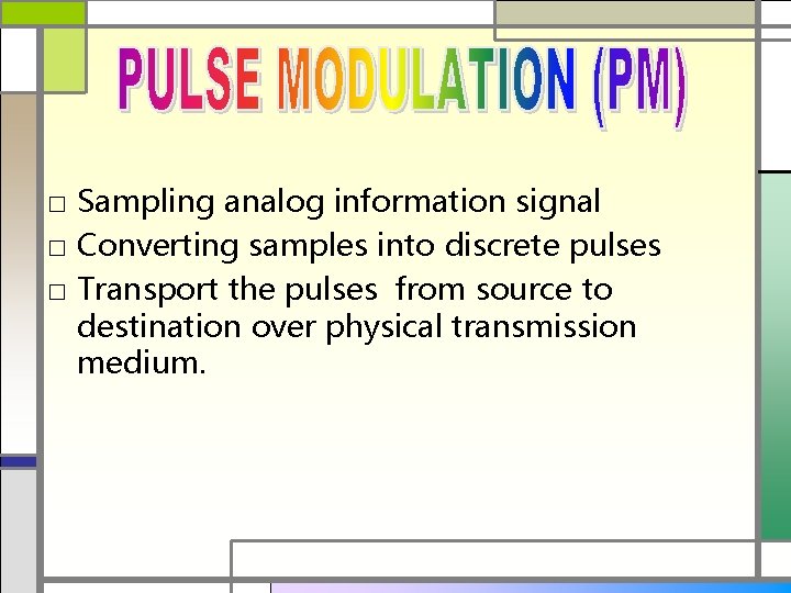 □ Sampling analog information signal □ Converting samples into discrete pulses □ Transport the