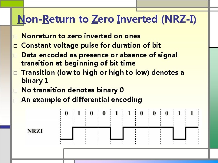 Non-Return to Zero Inverted (NRZ-I) □ Nonreturn to zero inverted on ones □ Constant