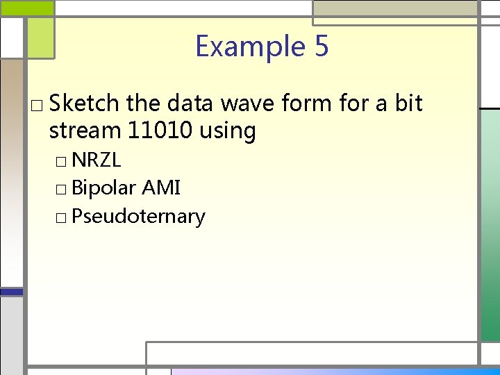 Example 5 □ Sketch the data wave form for a bit stream 11010 using