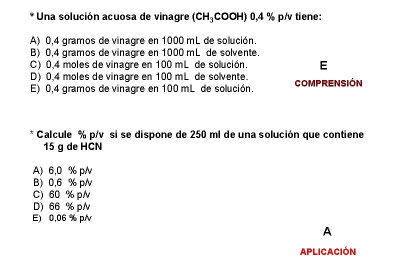 * Una solución acuosa de vinagre (CH 3 COOH) 0, 4 % p/v tiene: