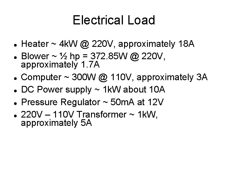 Electrical Load Heater ~ 4 k. W @ 220 V, approximately 18 A Blower