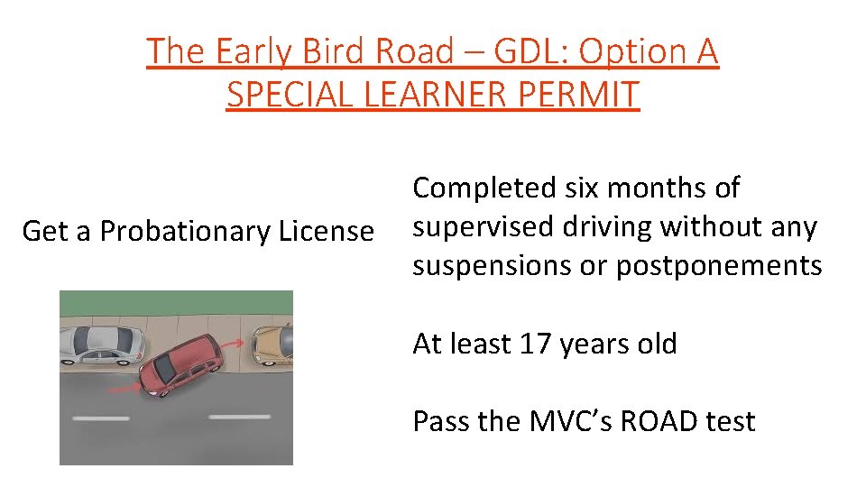 The Early Bird Road – GDL: Option A SPECIAL LEARNER PERMIT Get a Probationary