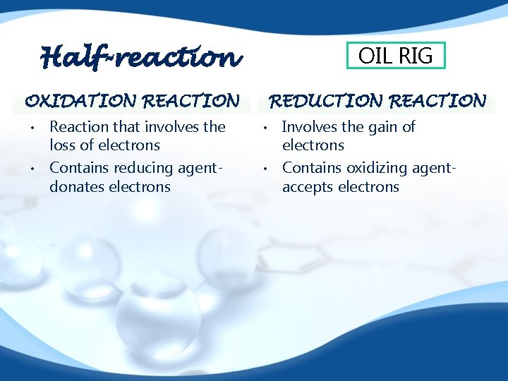 OIL RIG Half-reaction OXIDATION REACTION • • Reaction that involves the loss of electrons