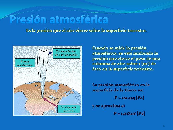 Presión atmosférica Es la presión que el aire ejerce sobre la superficie terrestre. Cuando