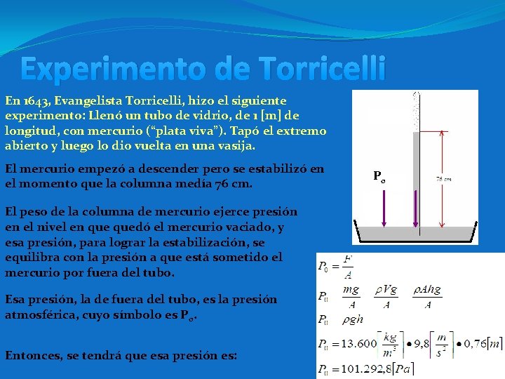 Experimento de Torricelli En 1643, Evangelista Torricelli, hizo el siguiente experimento: Llenó un tubo