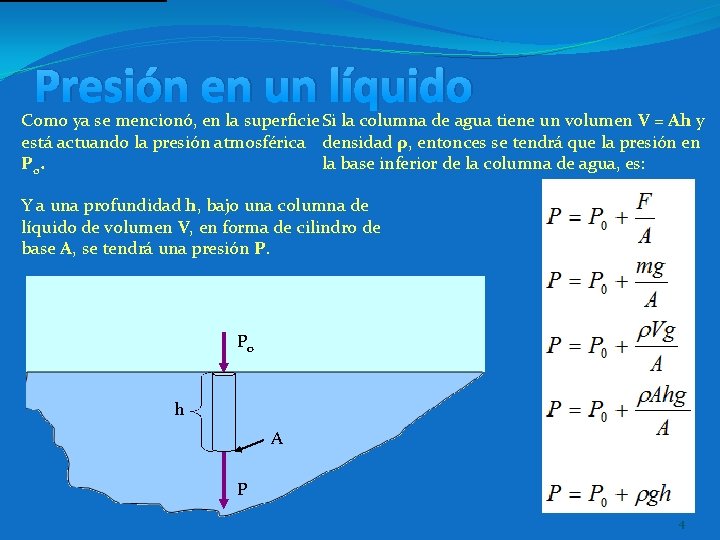 Presión en un líquido Como ya se mencionó, en la superficie Si la columna