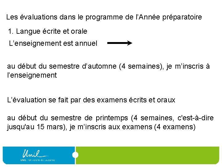 Les évaluations dans le programme de l’Année préparatoire 1. Langue écrite et orale L’enseignement