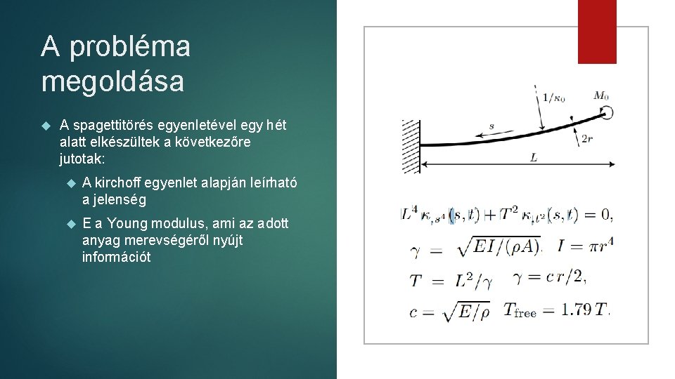 A probléma megoldása A spagettitörés egyenletével egy hét alatt elkészültek a következőre jutotak: A