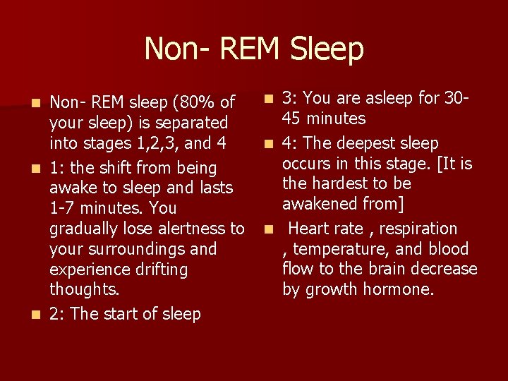 Non- REM Sleep Non- REM sleep (80% of your sleep) is separated into stages Non- REM Sleep Non- REM sleep (80% of your sleep) is separated into stages